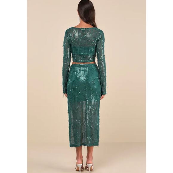 Lulus Greatest Sparkle Green Mesh Sequin Fringe Two-Piece Midi Dress - Picture 3 of 6